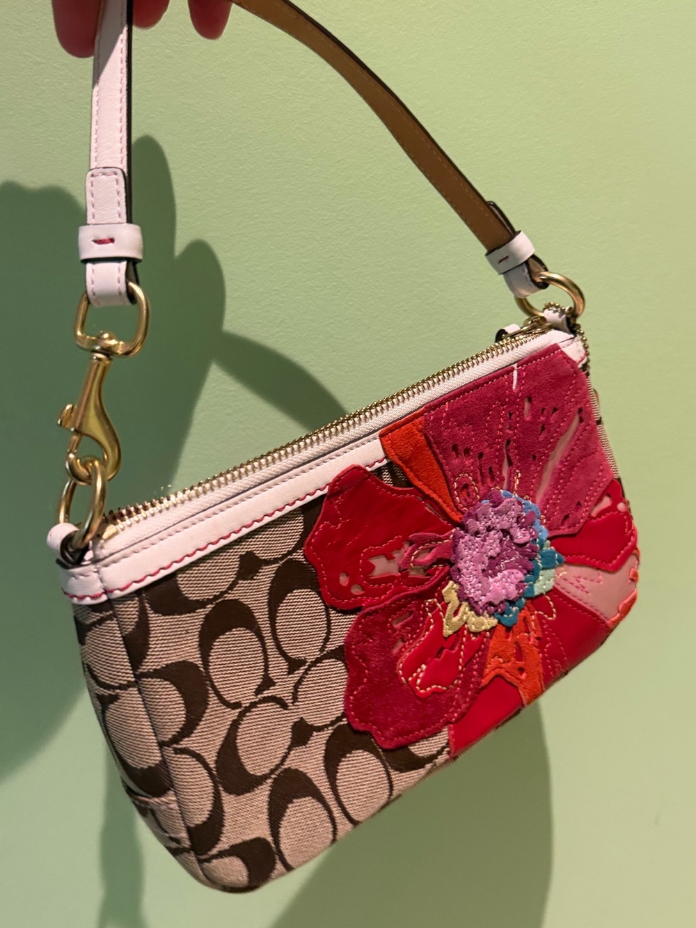 Coach Brown Signature Canvas Wristlet with Pink Floral Applique